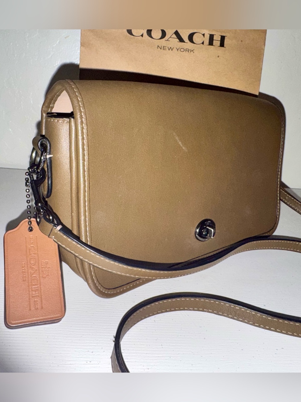 Coach Turnlock Crossbody Bag in Glovetanned Leather (Style #57325) 2016 Taupe - Picture 5 of 15